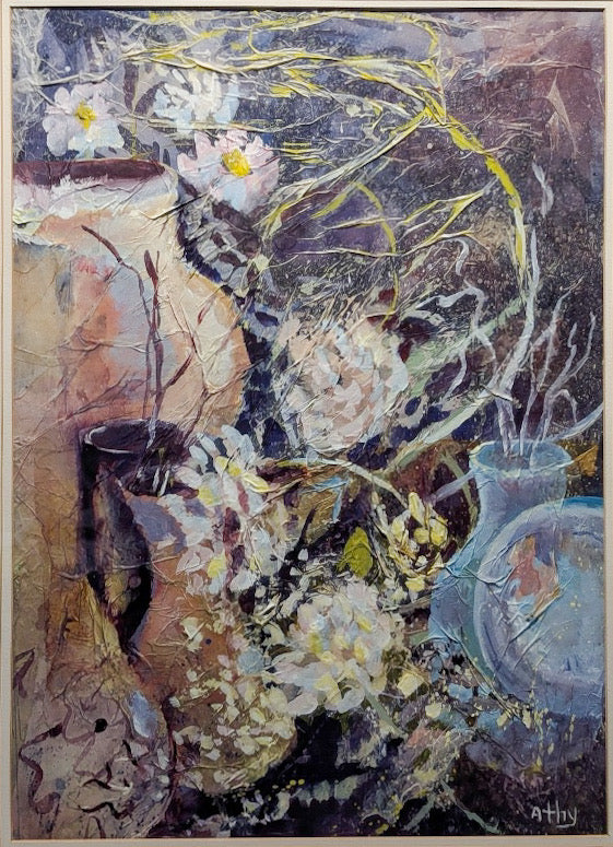 Original Athy Mixed Media Decoupage Still Life Floral Painting
