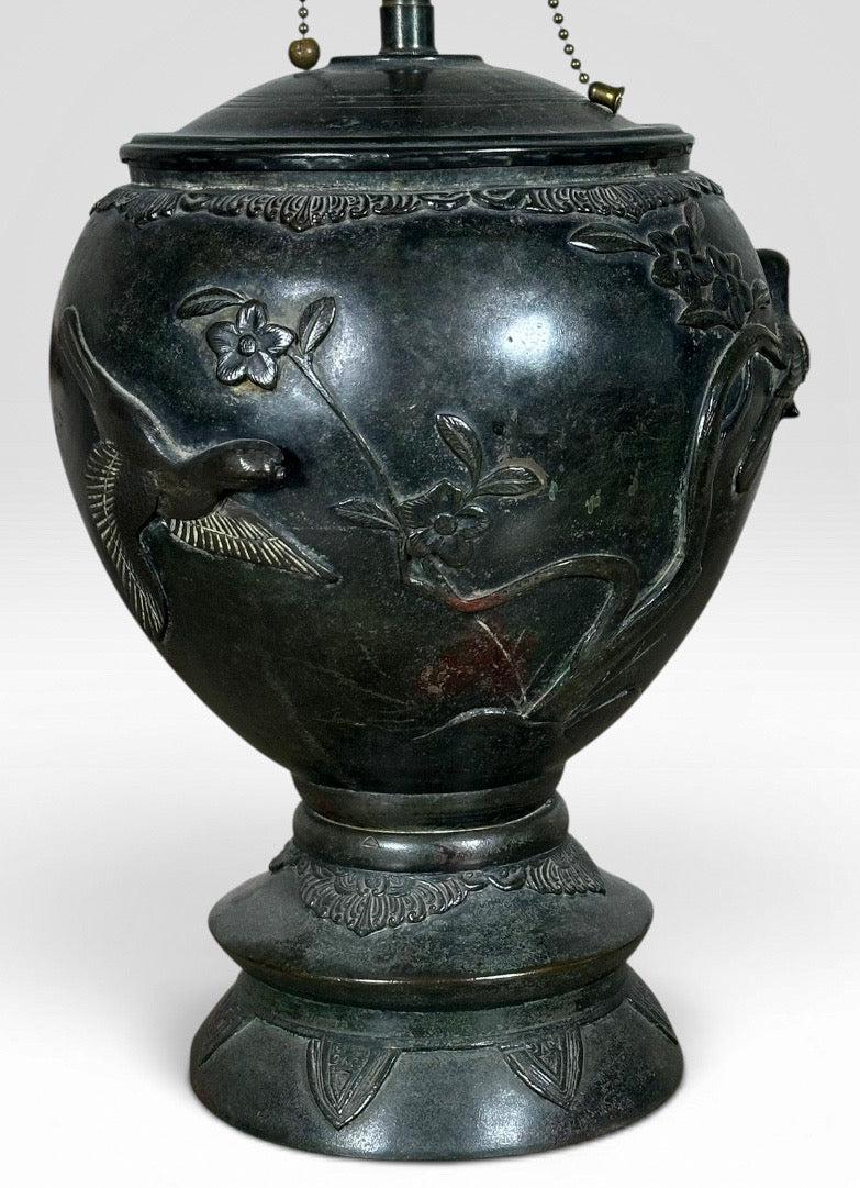 Antique Japanese Meiji Period Patinated Bronze Vase Table Lamp With High Relief Bird And Flower Silk Pagoda Shade
