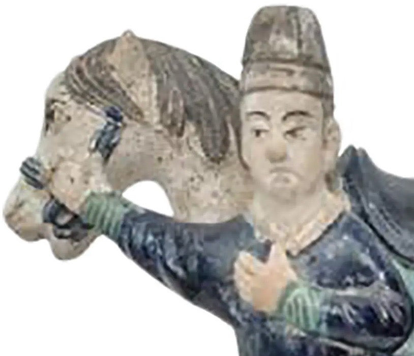 Antique 16th Century Chinese Ming Dynasty Glazed Pottery Horse and Groom - Rare Cobalt Blue and Turquoise Mingqi