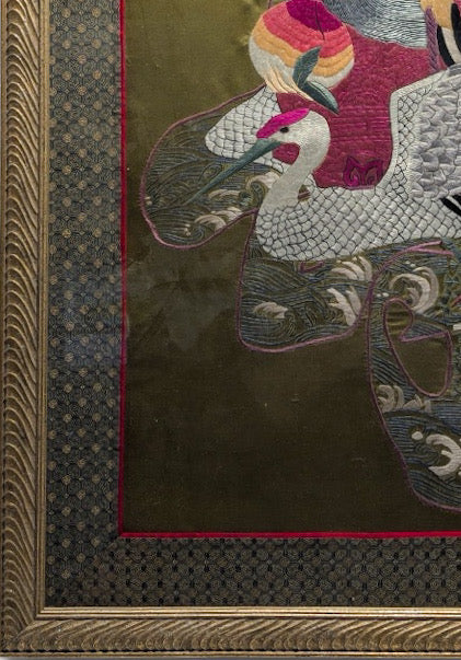 Large Vintage Chinese Silk Embroidery God Of Longevity Shou Lao On Crane