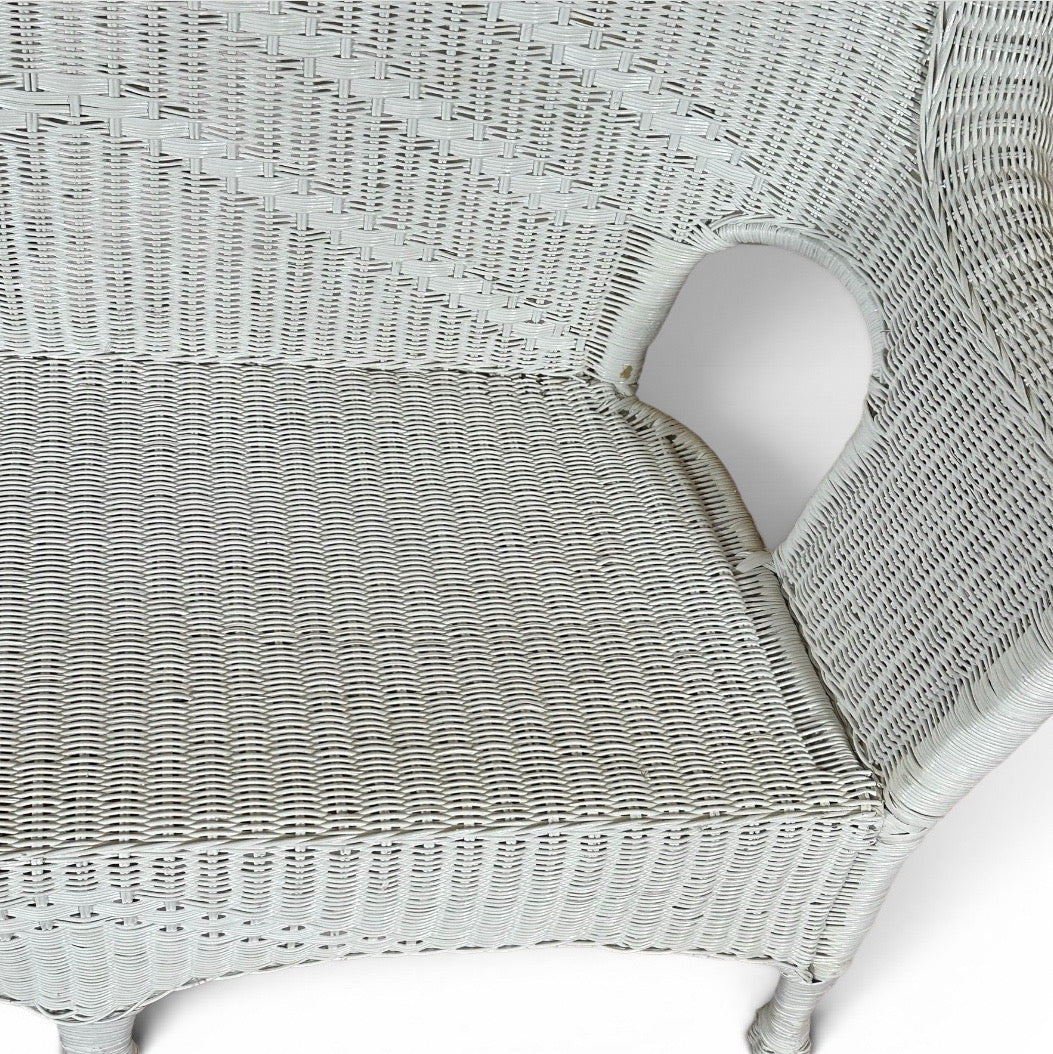 Vintage Palm Beach Regency White Wicker Camelback Settee Loveseat