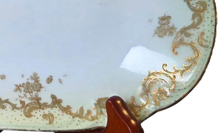 Antique Elite Works Limoges 8.5" Relish Dish - Gilded Scrolls & Celadon Dot Border