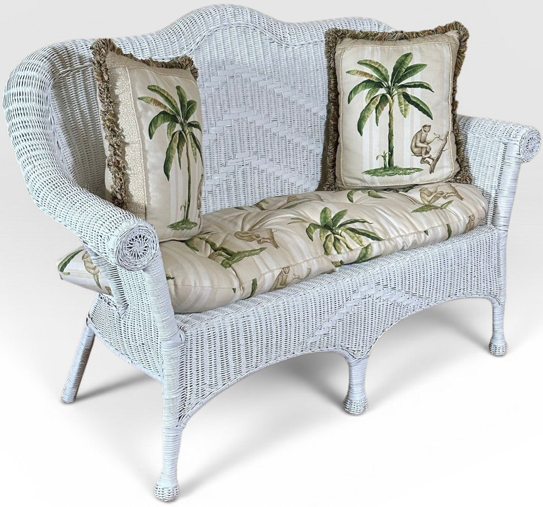 Vintage Palm Beach Regency White Wicker Camelback Settee Loveseat