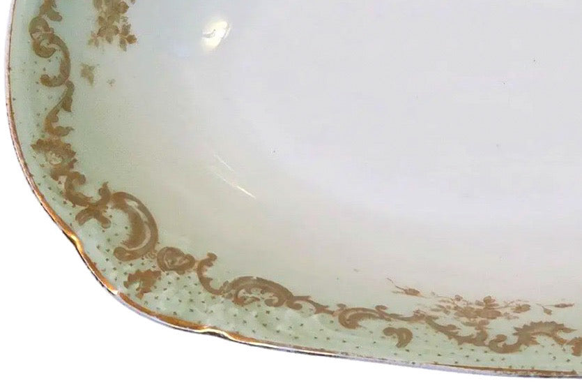 Antique Elite Works Limoges 10" Oval Serving Bowl - Gilded Scrolls & Celadon Dot Border