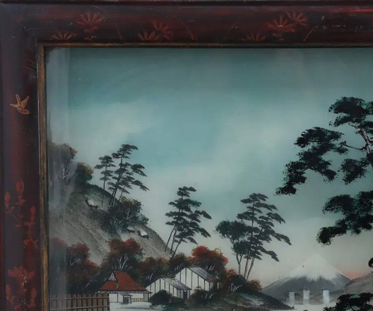 Antique Meiji Period Japanese Reverse Glass Painting - Mother of Pearl Inlay - Cranes at Mt. Fuji - c. 1890
