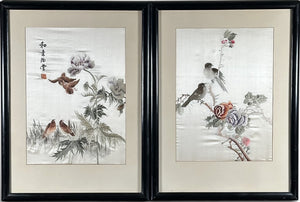 Vintage Framed Chinese Silk Embroidery Panels Birds and Flowers Huaniao Art Pair