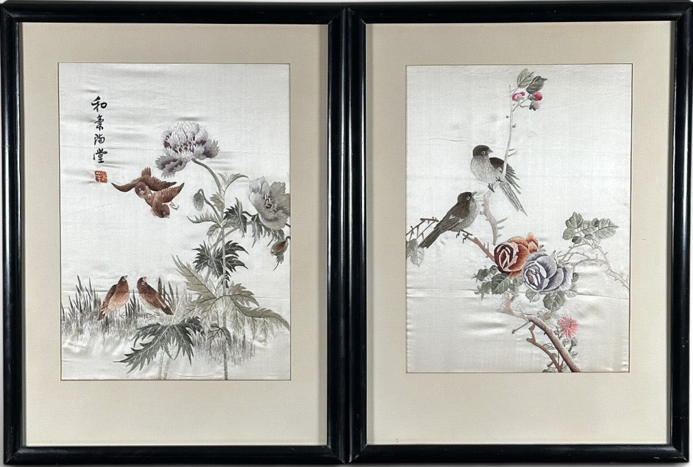 Vintage Framed Chinese Silk Embroidery Panels Birds and Flowers Huaniao Art Pair