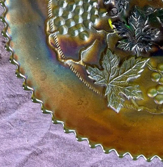 Signed Antique Northwood "Grape and Cable" Green Carnival Glass Plate
