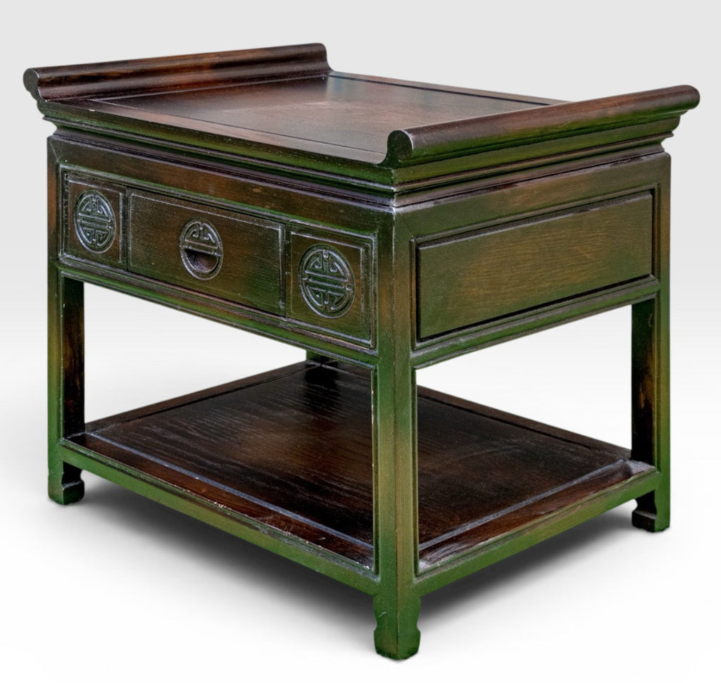 Vintage Chinese Altar Style Rosewood Finish End Table With Shou Emblems