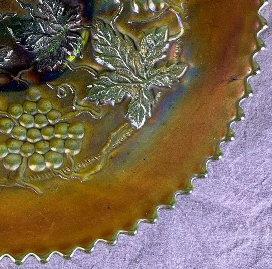 Signed Antique Northwood "Grape and Cable" Green Carnival Glass Plate