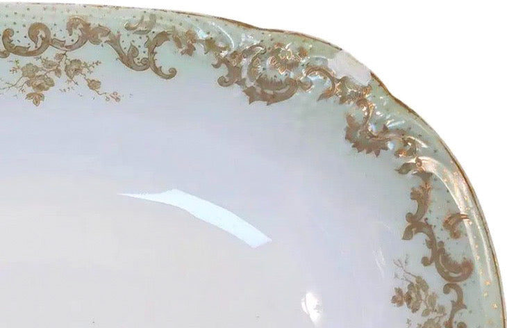 Antique Elite Works Limoges 10" Oval Serving Bowl - Gilded Scrolls & Celadon Dot Border