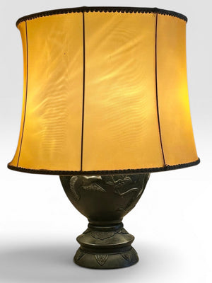 Antique Japanese Meiji Period Patinated Bronze Vase Table Lamp With High Relief Bird And Flower Silk Pagoda Shade