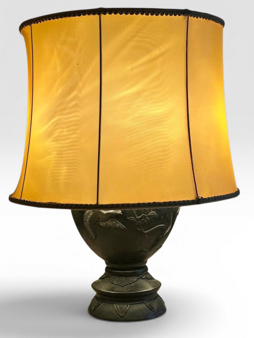 Antique Japanese Meiji Period Patinated Bronze Vase Table Lamp With High Relief Bird And Flower Silk Pagoda Shade
