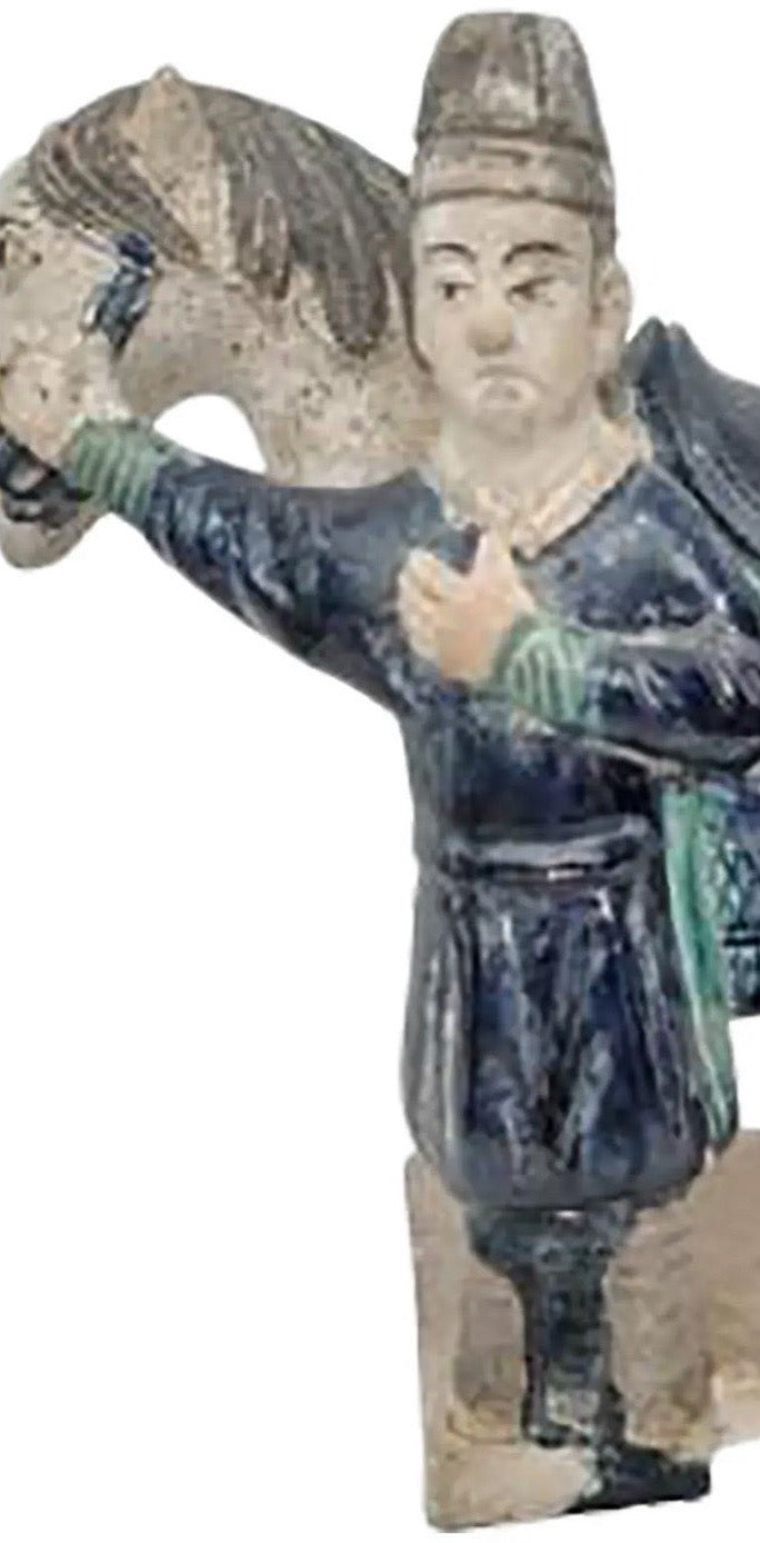 Antique 16th Century Chinese Ming Dynasty Glazed Pottery Horse and Groom - Rare Cobalt Blue and Turquoise Mingqi