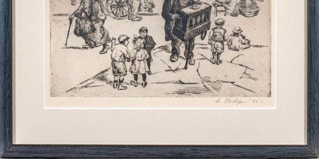 Abraham Phillips Signed Etching Organ Grinder Street Scene 1925