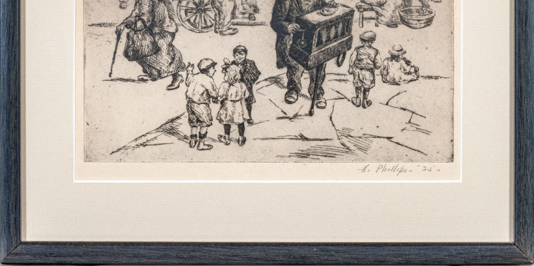 Abraham Phillips Signed Etching Organ Grinder Street Scene 1925
