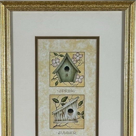 Vintage Nancy J Shumaker Pallan Bird Beginnings Seasonal Framed Prints Pair