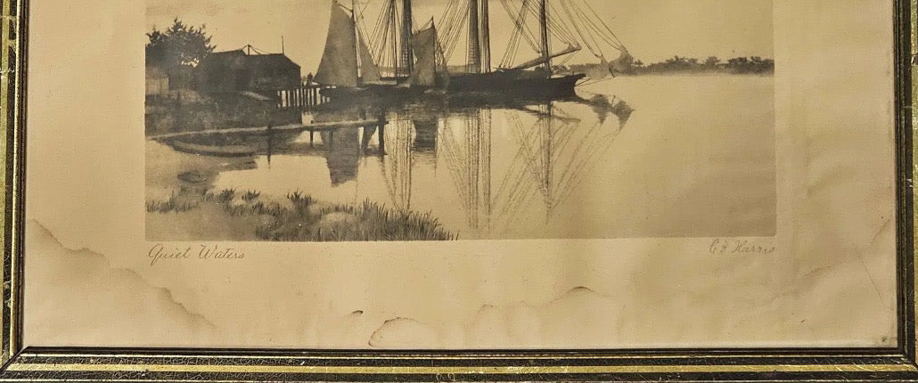 Antique Nineteenth Century Nautical Lithograph Quiet Waters by C. H. Harris Framed
