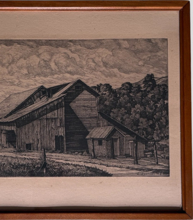 Vintage Luigi Lucioni Hand-Signed Fine Art Etching New England Regionalist Landscape Weathered Vermont Barn Custom Framed