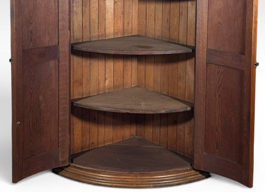 Antique Nineteenth Century American Country Pine Curved Bow Front Corner Cupboard Cabinet
