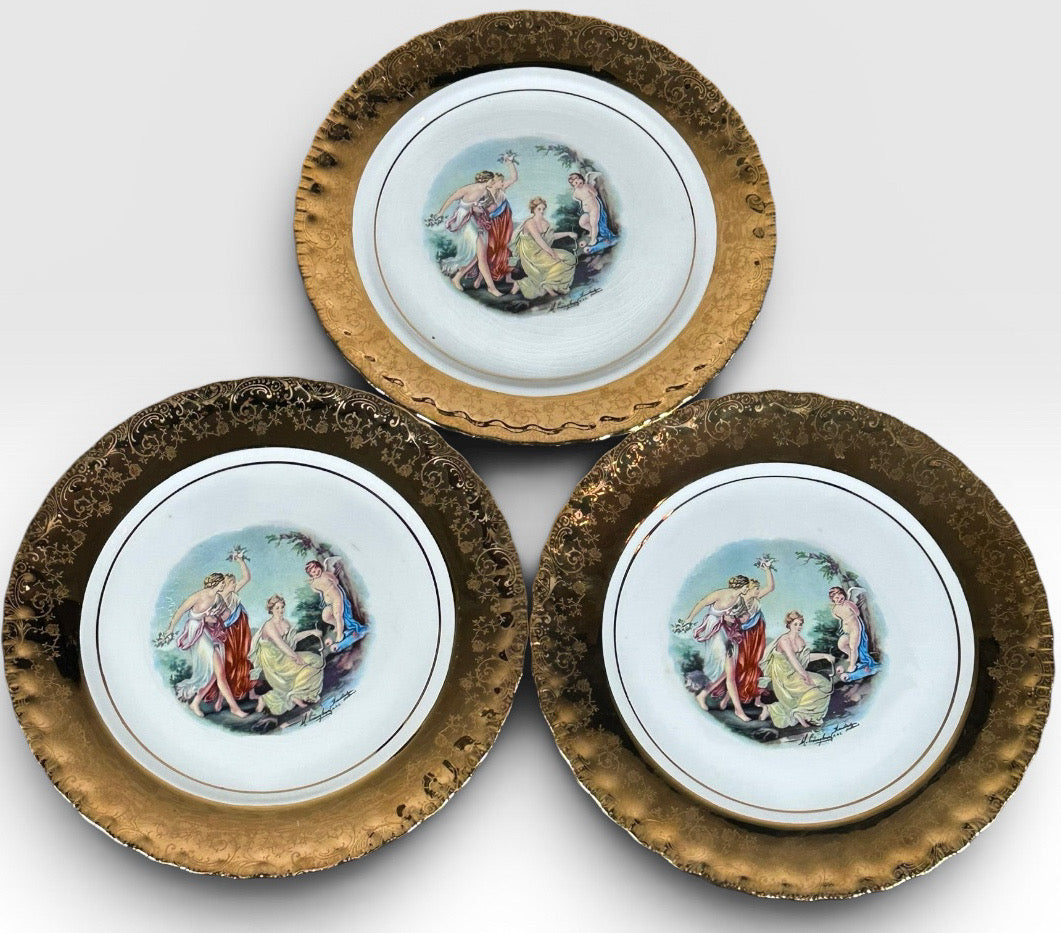 Vintage Manhattan Ware Crest of Gold Romantic Mythological Pastoral Scene Plates Set of Eight