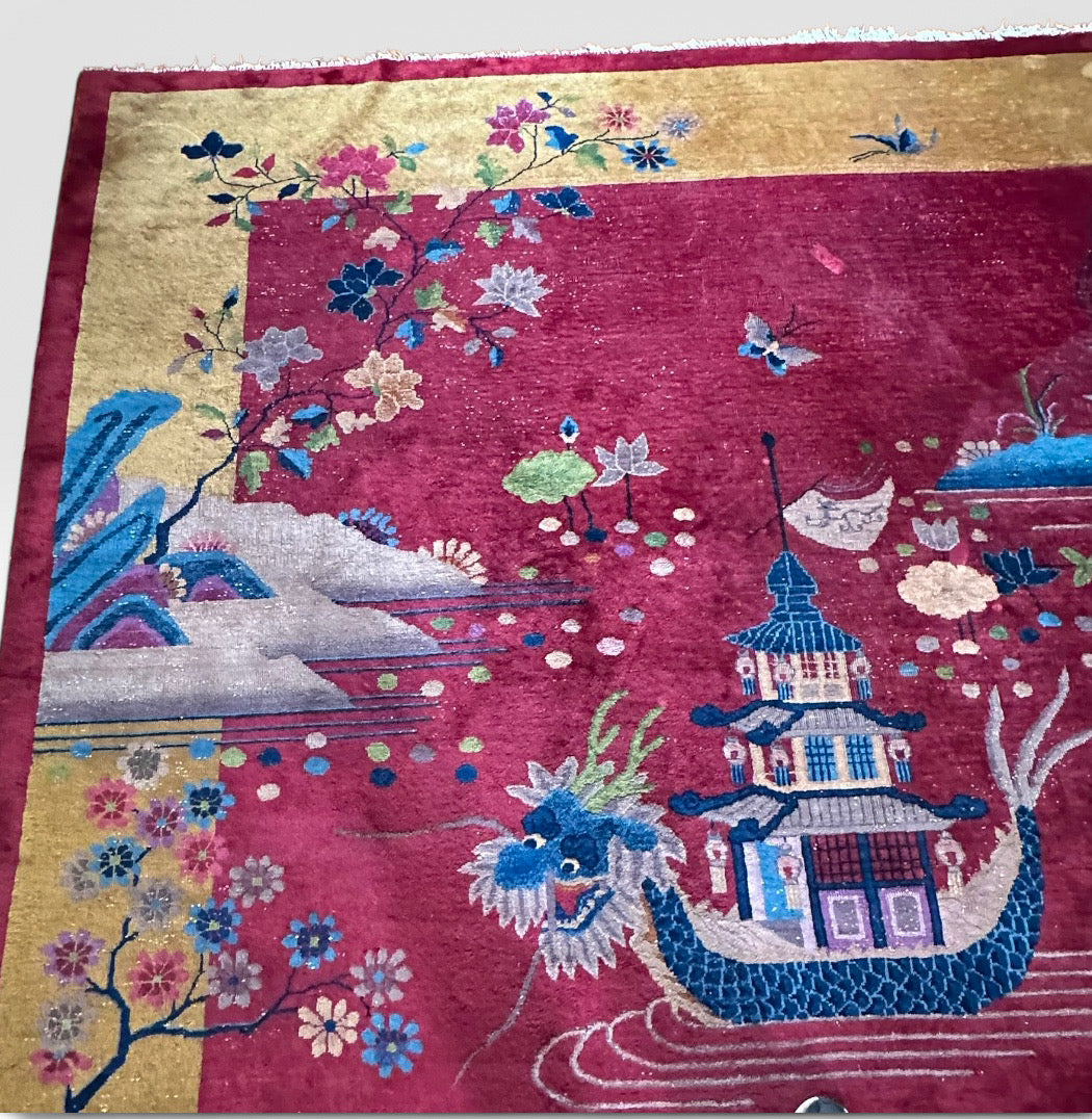 Antique 1920s Chinese Art Deco Pictorial Room Size Rug With Dragon Boat and Pagoda Motif