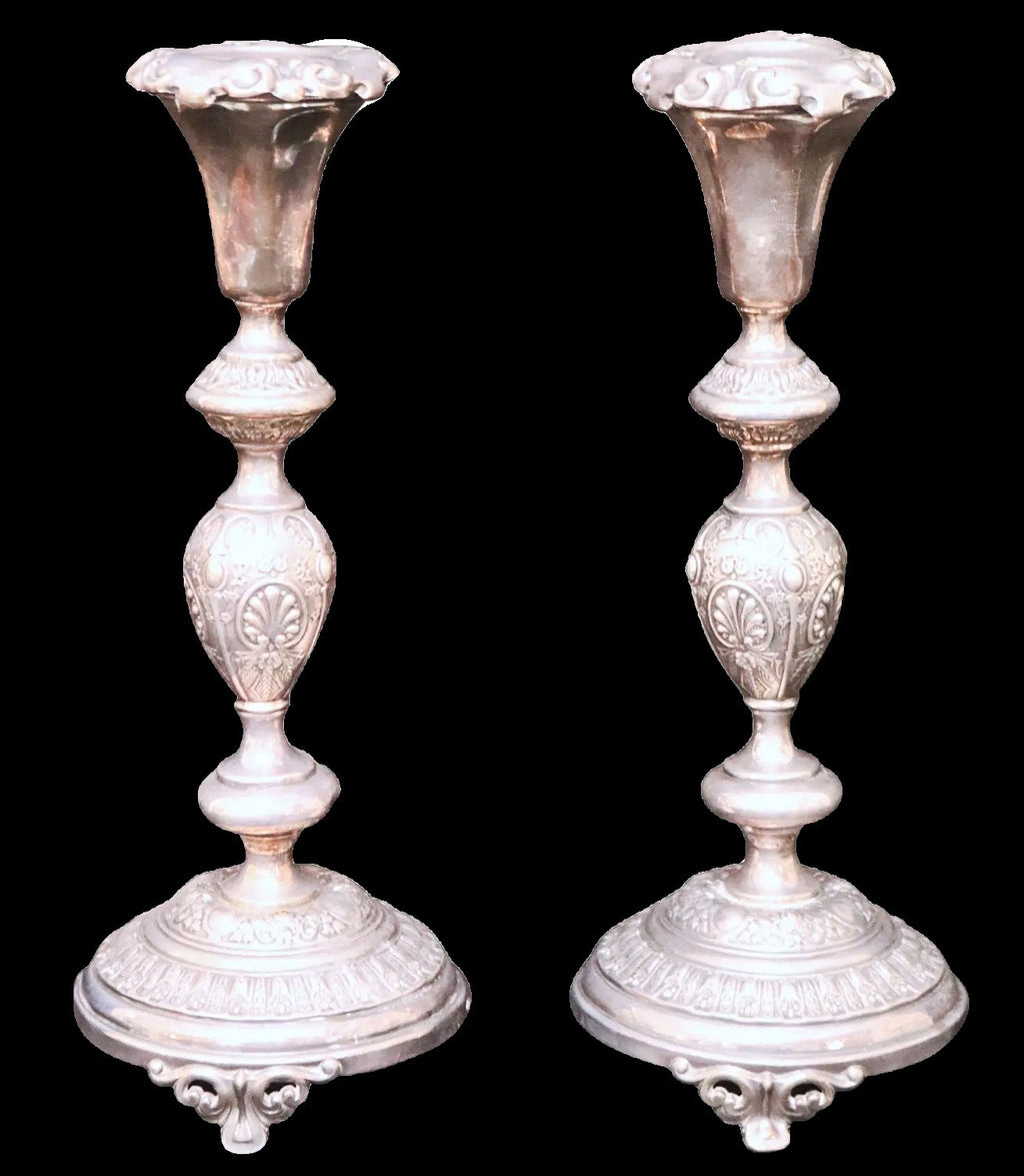 Pair of 12-Inch Antique Norblin and Co. Warsaw Silver-Plate Sabbath Candlesticks - Ornate Victorian Repoussé Judaica