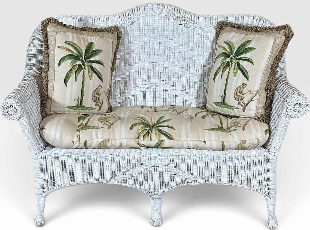 Vintage Palm Beach Regency White Wicker Camelback Settee Loveseat