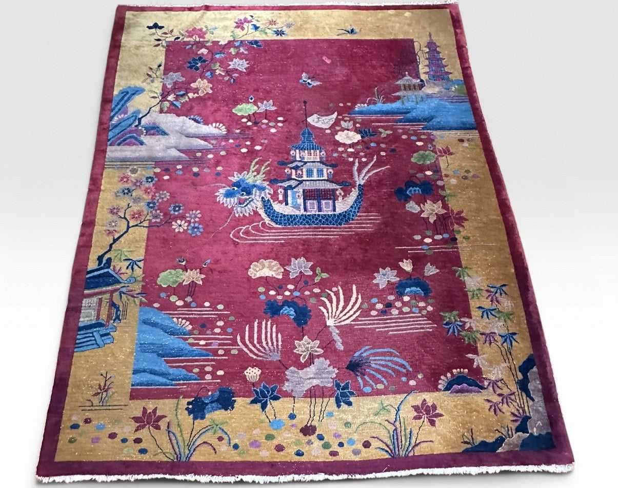 Antique 1920s Chinese Art Deco Pictorial Room Size Rug With Dragon Boat and Pagoda Motif