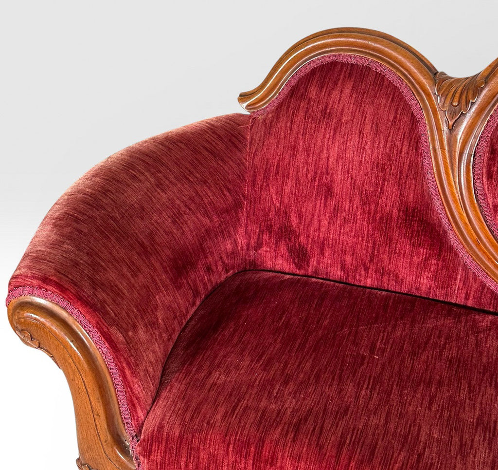 Antique Victorian Carved Walnut Triple Back Cranberry Velvet Settee