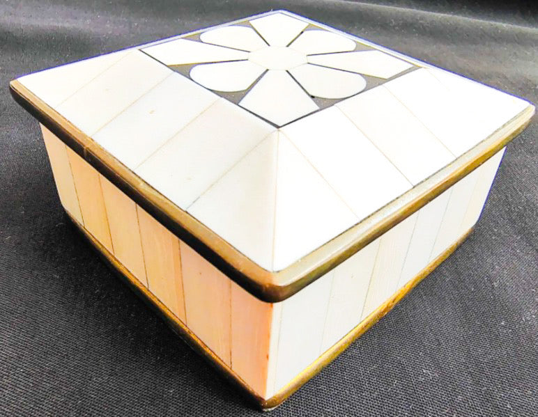 Vintage Handcrafted Bone Inlay and Brass Trim Trinket Box