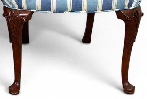 Pair of Vintage Upholstered Queen Anne Style Striped Armchairs With Shell Carving