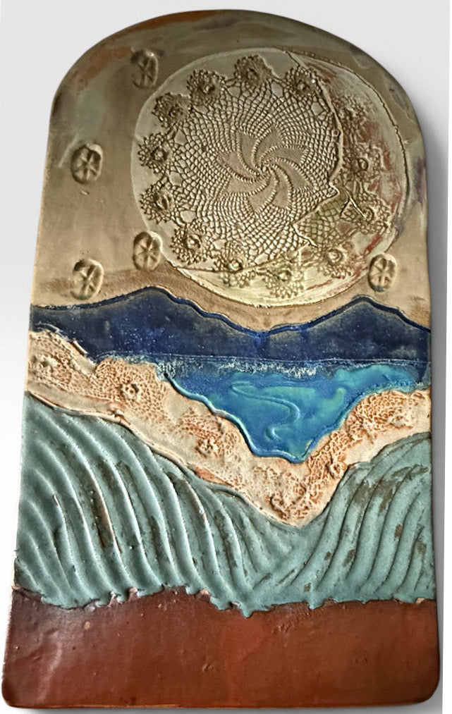 Monumental Mid Century Modern Style Brutalist Studio Pottery Slab Vase Large Lace Impression Ceramic Landscape Centerpiece