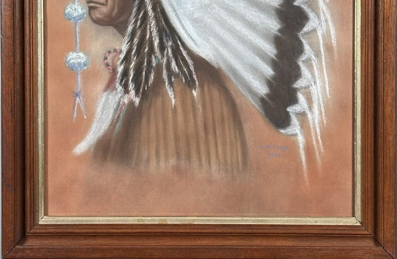 Original Vintage 1978 Western Fine Art Native American Indian Chief Red Cloud Framed Pastel Portrait Drawing