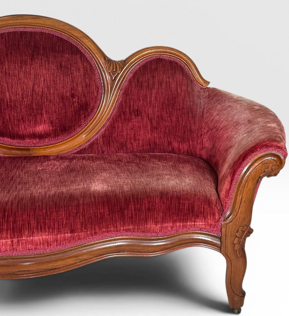 Antique Victorian Carved Walnut Triple Back Cranberry Velvet Settee