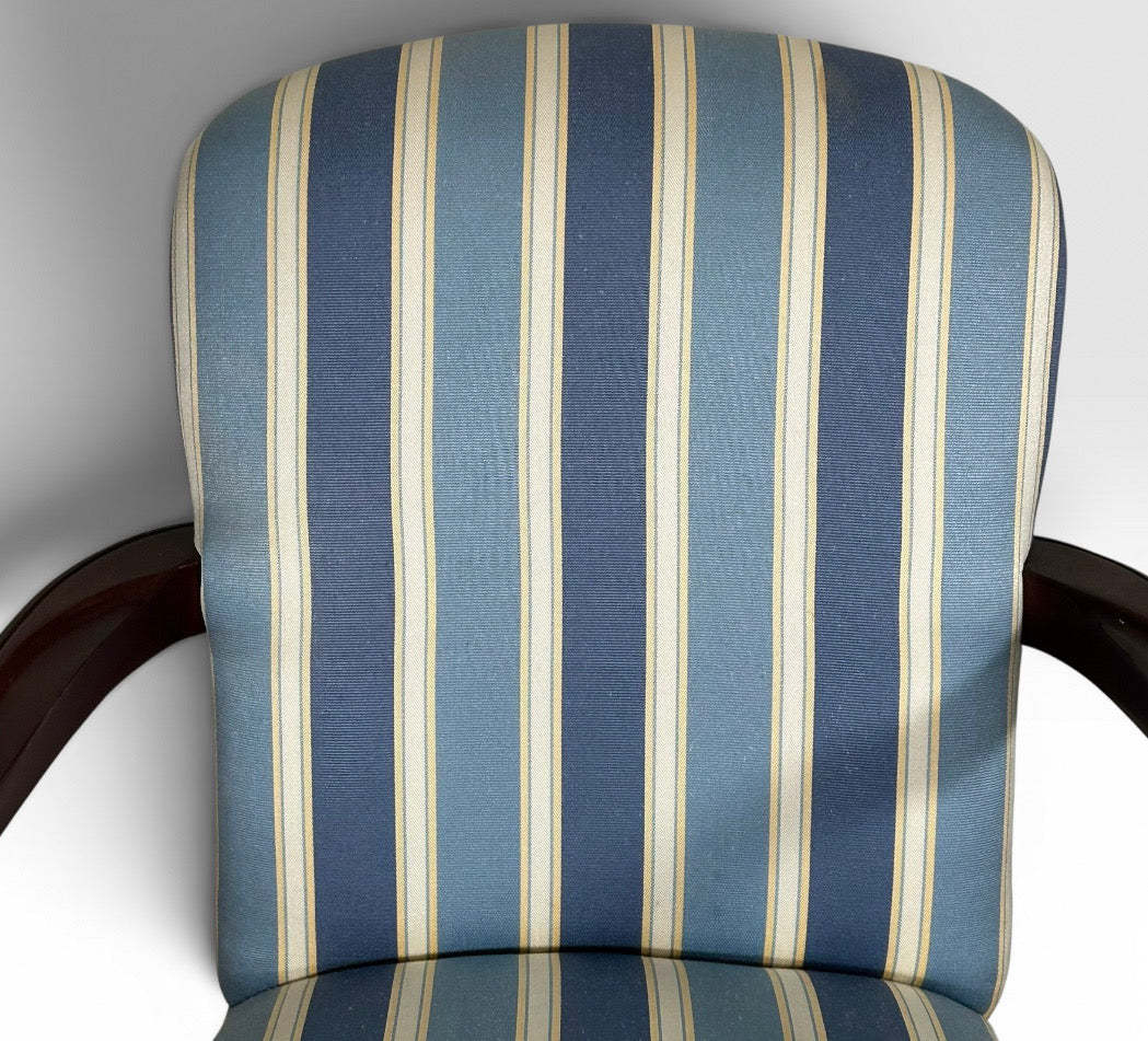 Pair of Vintage Upholstered Queen Anne Style Striped Armchairs With Shell Carving
