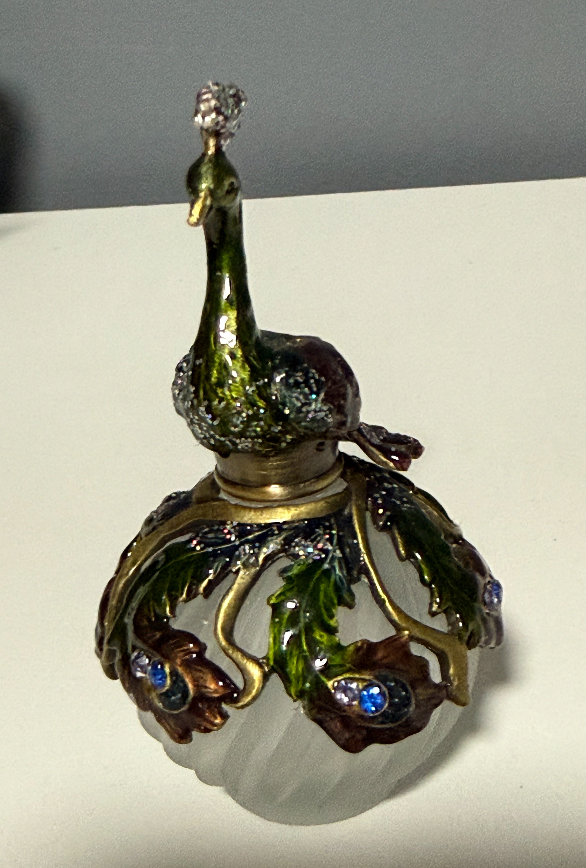 2006 Fitz and Floyd Guild Jeweled Peacock Perfume Bottle Frosted Glass