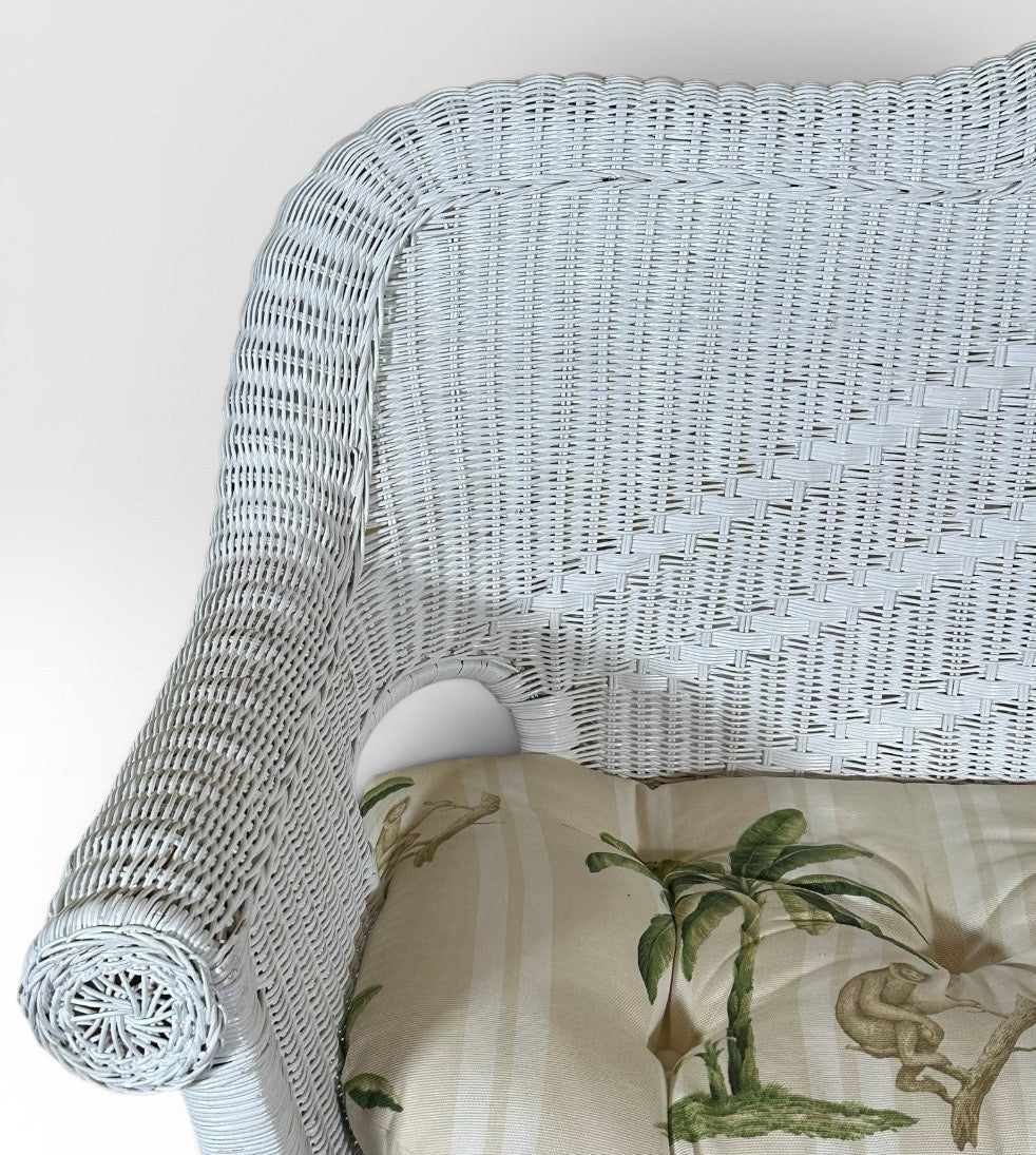 Vintage Palm Beach Regency White Wicker Camelback Settee Loveseat