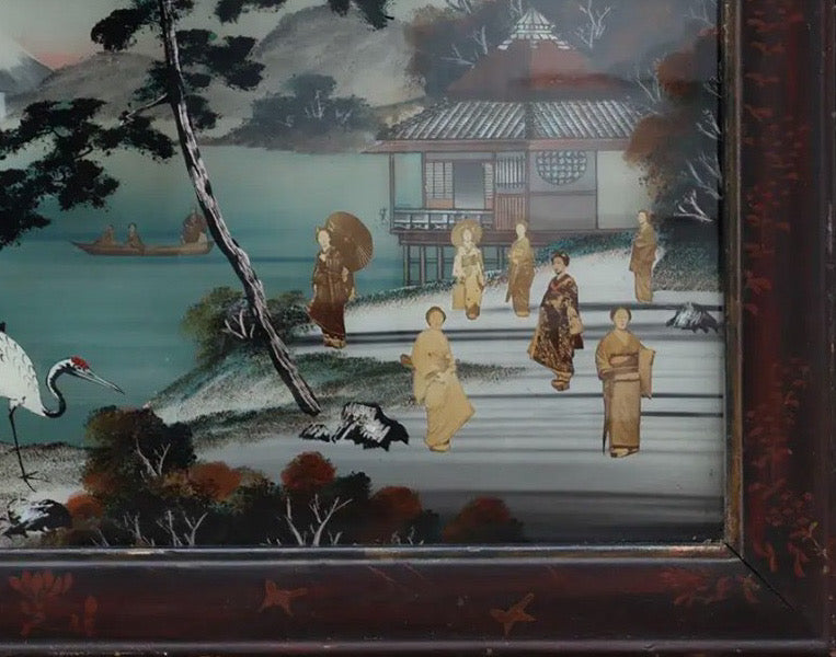 Antique Meiji Period Japanese Reverse Glass Painting - Mother of Pearl Inlay - Cranes at Mt. Fuji - c. 1890