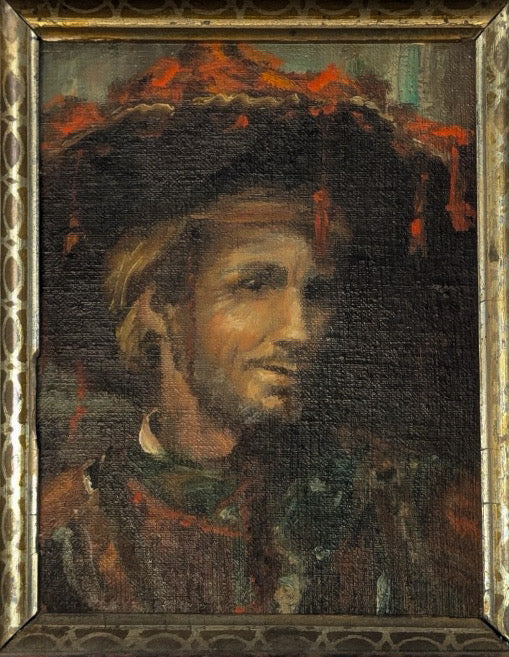 Antique French Style Oil On Canvas Miniature Portrait Of A Man In Historical Costume