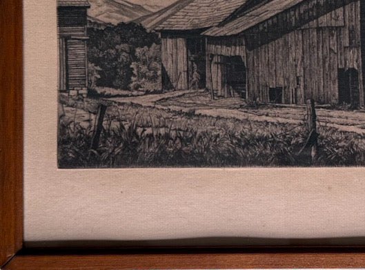 Vintage Luigi Lucioni Hand-Signed Fine Art Etching New England Regionalist Landscape Weathered Vermont Barn Custom Framed