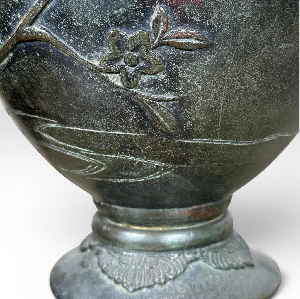Antique Japanese Meiji Period Patinated Bronze Vase Table Lamp With High Relief Bird And Flower Silk Pagoda Shade