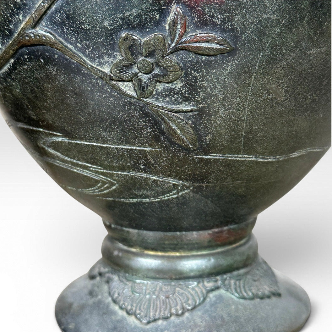 Antique Japanese Meiji Period Patinated Bronze Vase Table Lamp With High Relief Bird And Flower Silk Pagoda Shade