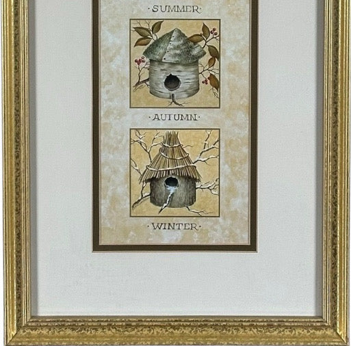 Vintage Nancy J Shumaker Pallan Bird Beginnings Seasonal Framed Prints Pair