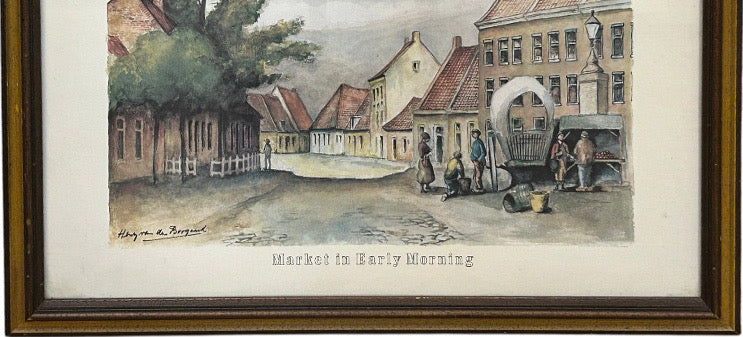 Vintage Framed European Market Street Scene Print by Henry Van Den Bogaard