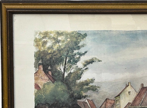Vintage Framed European Market Street Scene Print by Henry Van Den Bogaard