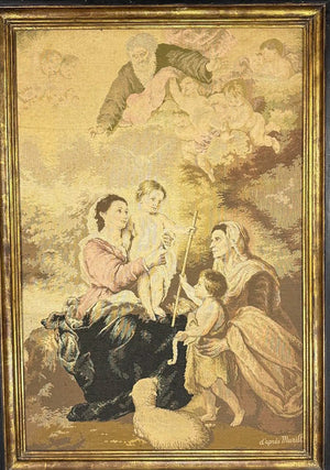 Large Vintage Woven Tapestry "The Holy Family with a Little Bird" After Murillo