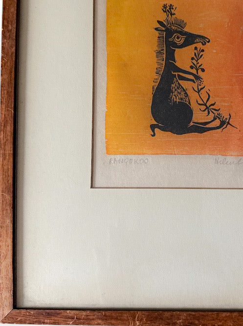Vintage Helen Siegl Hand-Signed Fine Art Woodcut Print Rangoroo Mid Century Modern Folk Art Whimsical Animal Custom Framed