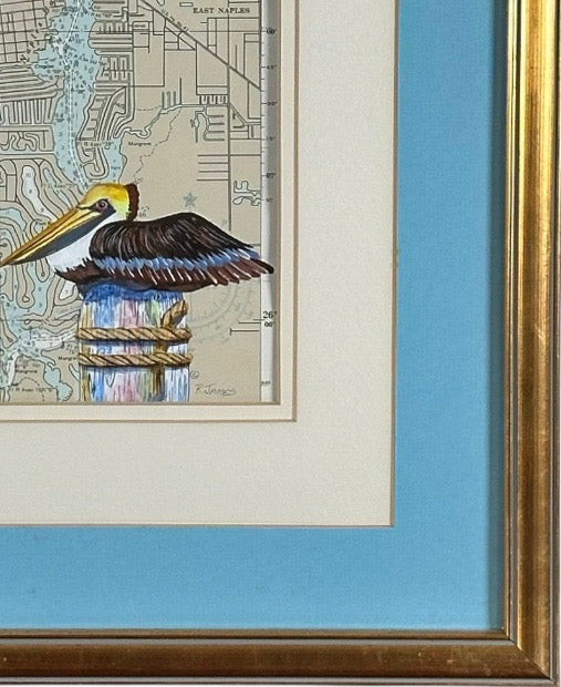 Vintage Ruth James Hand-Painted Pelican and Naples, Florida, Nautical Map Art