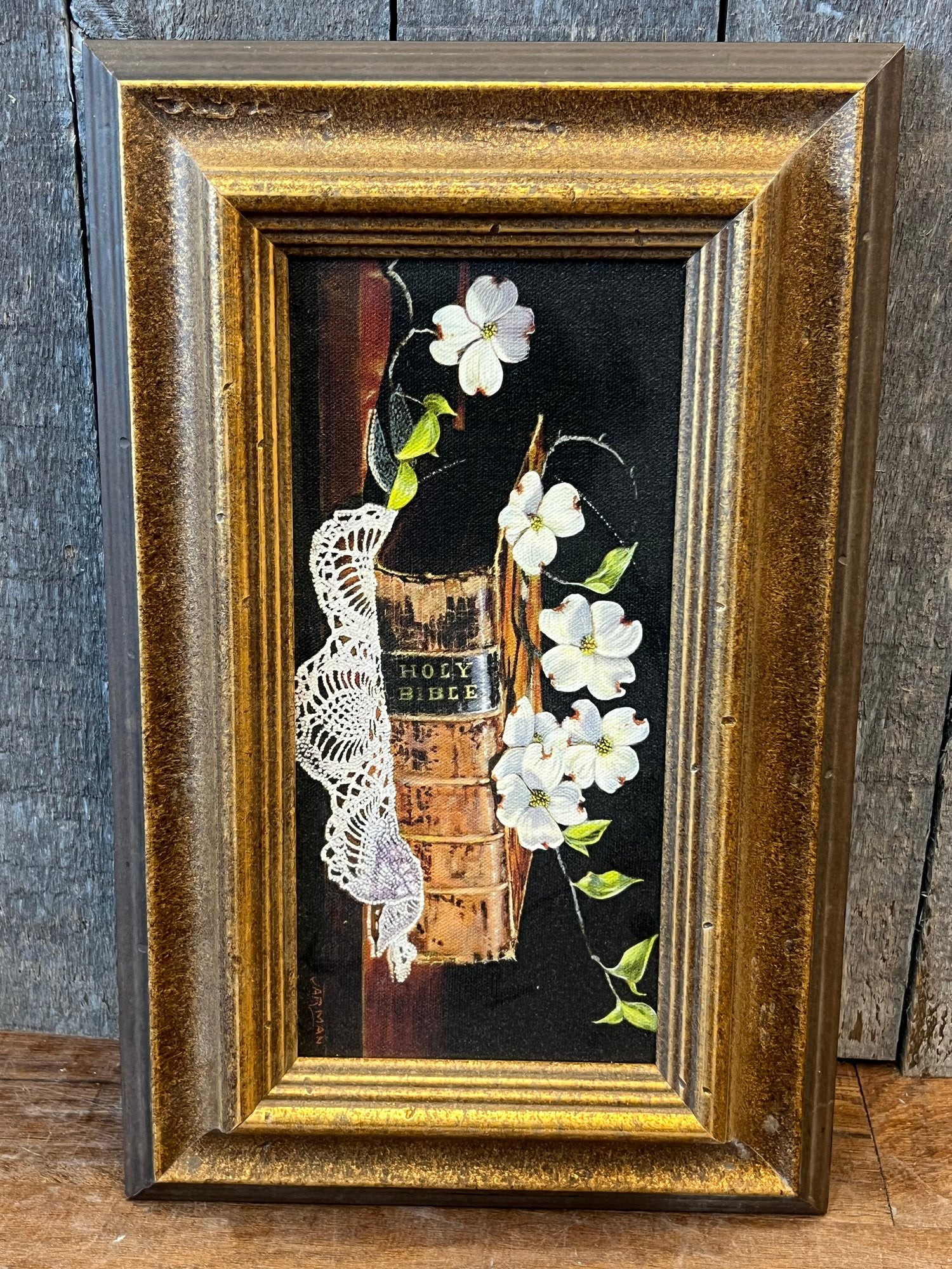 Vintage Harry Jarman Original Trompe L’oeil Still Life Oil Painting Of Holy Bible And Dogwoods